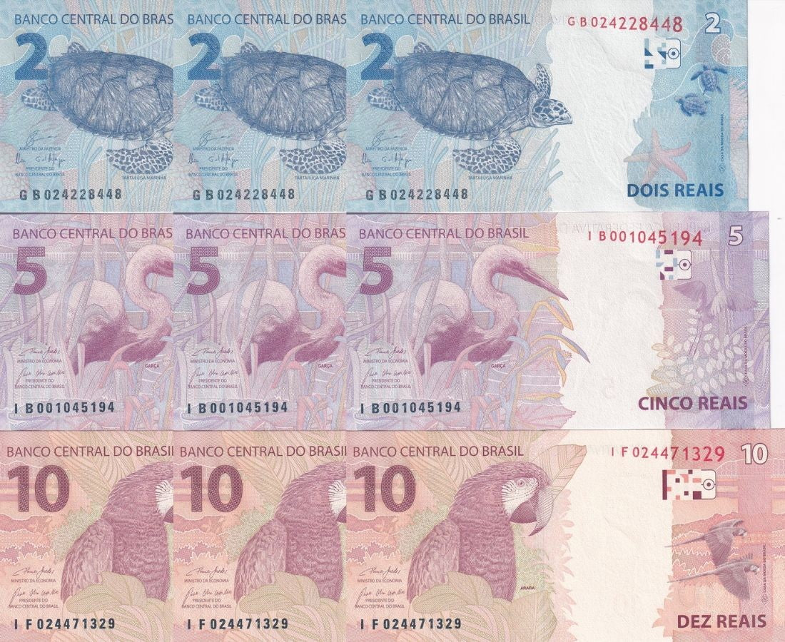 Brazil SET 3 X Lot 3 =9 UNC 2 5 10 Reais 2010-2020 P 252 P 253 P 254 Random Sign