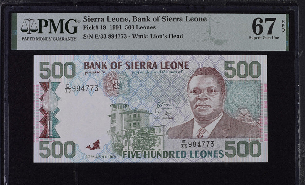 Sierra Leone 500 Leones 1991 P 19 a Superb Gem UNC PMG 67 EPQ