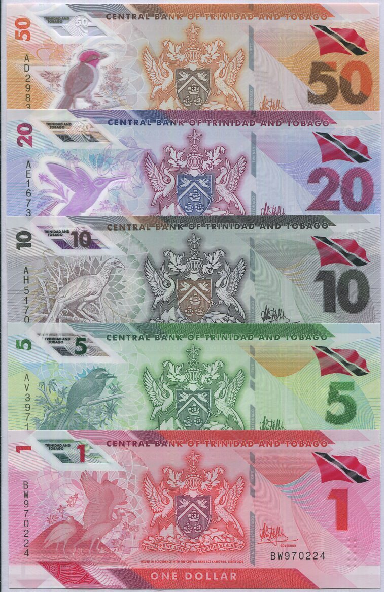 Trinidad & Tobago set 5 UNC 1 5 10 20 50 Dollars 2020 Polymer P 60 61 62 63 64