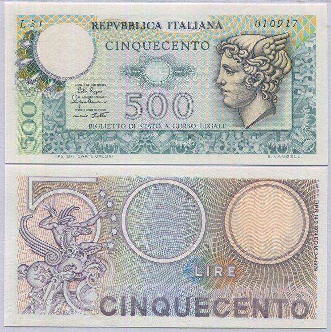 Italy 500 Lire 1974 / 1979 P 94 UNC
