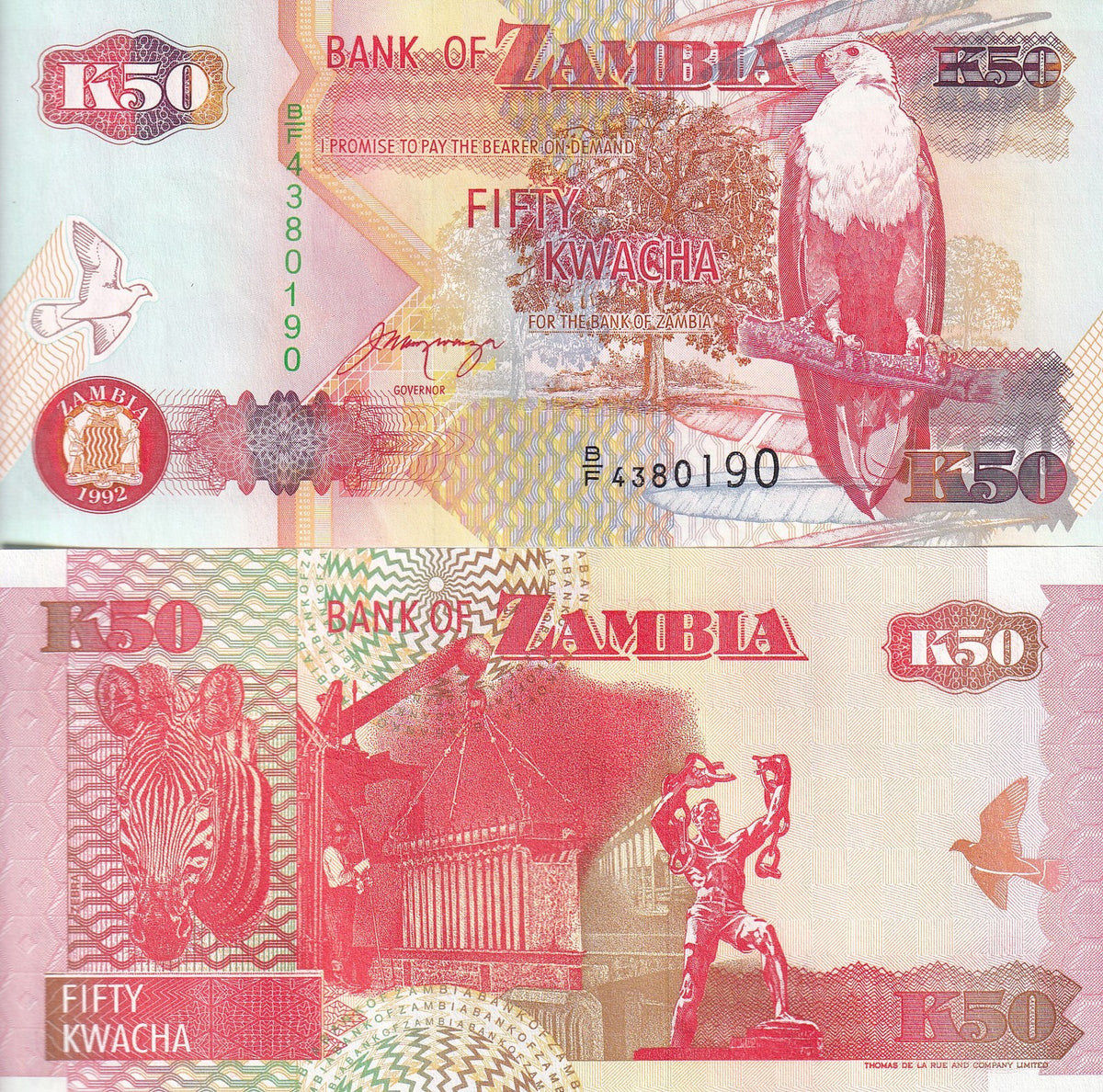 Zambia 50 Kwacha 1992 P 37 b UNC, Fish eagle, Liberty monument