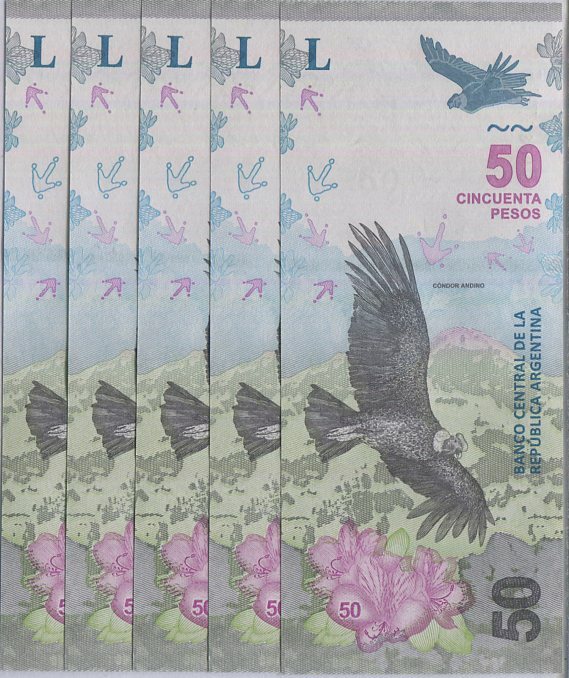 Argentina 50 Pesos 2018 Mixed Suffix P 363 UNC Lot 5 Pcs