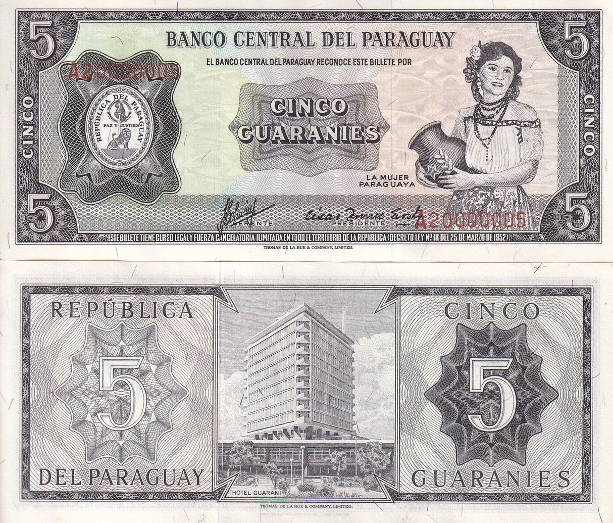 Paraguay 5 Guaranies 1952 ND 1963 P 195 b UNC