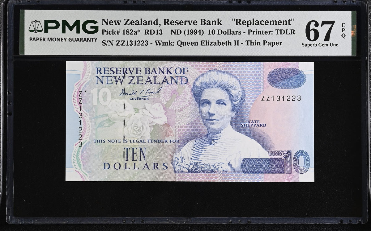 New Zealand 10 Dollars ND 1994 P 182 a* Replacement ZZ Superb Gem UNC PMG 67 EPQ