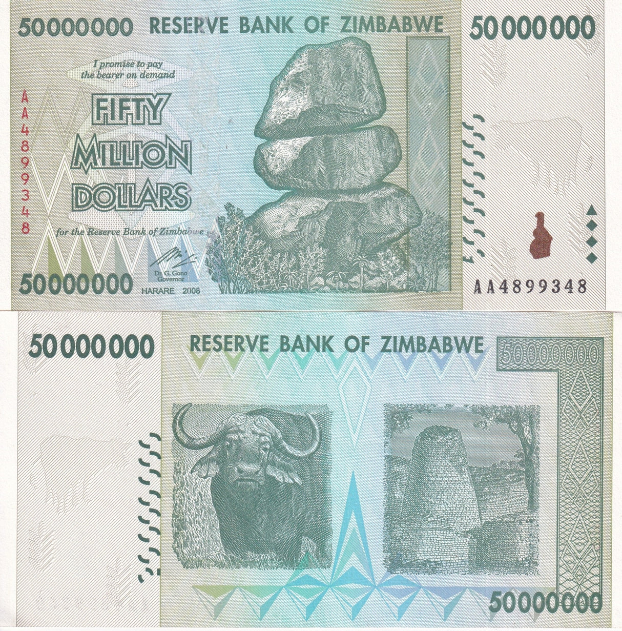 Zimbabwe 50 Million Dollars 2008 P 79 UNC Buffalo, Great Zimbabwe ruins