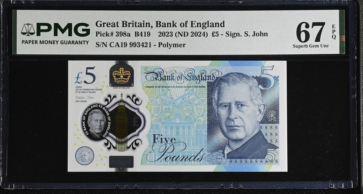 GREAT BRITAIN 5 Pounds 2023 ND 2024 P 398 a Polymer Superb Gem UNC PMG 67 EPQ