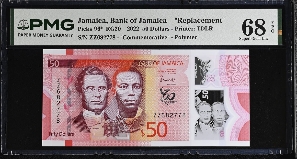 Jamaica 50 Dollars 2022 P 96* Replacement Superb Gem UNC PMG 68 EPQ