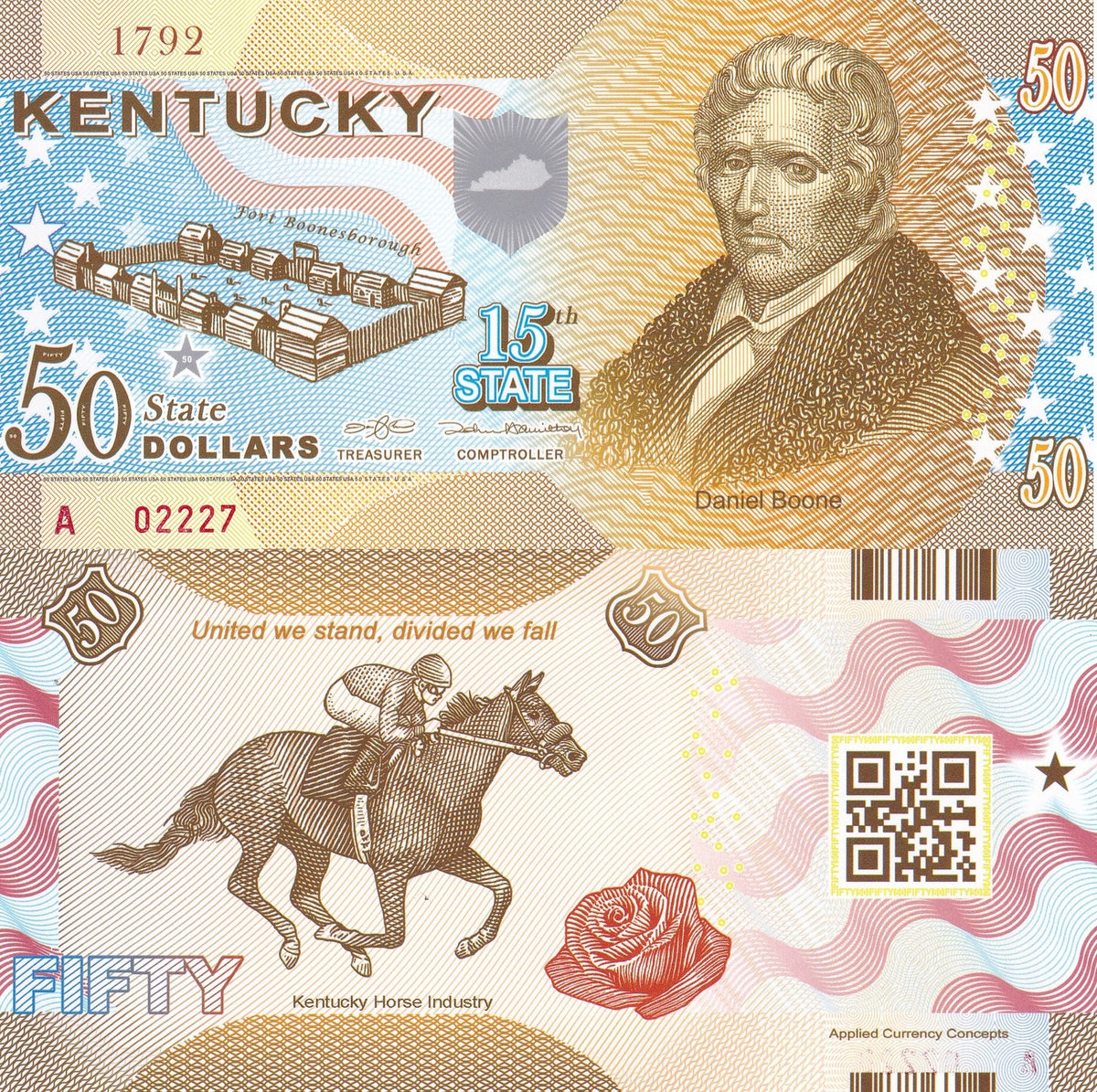 UNITED STATE USA. 50 DOLLARS 2015 POLYMER 15th STATE KENTUCKY DANIEL BOONE