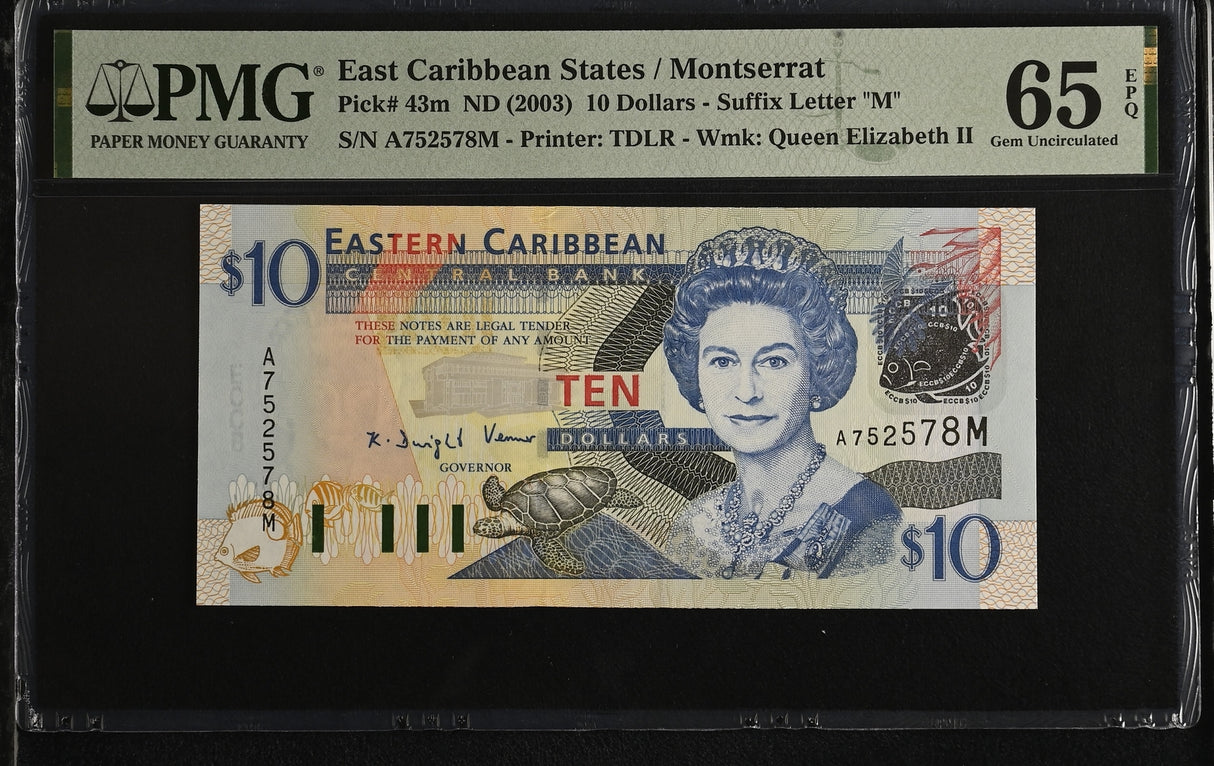 East Caribbean 10 Dollars ND 2003 P 43 m Gem UNC PMG 65 EPQ