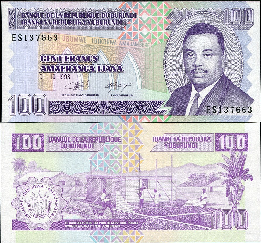 BURUNDI 100 FRANCS 1993 P 37 UNC