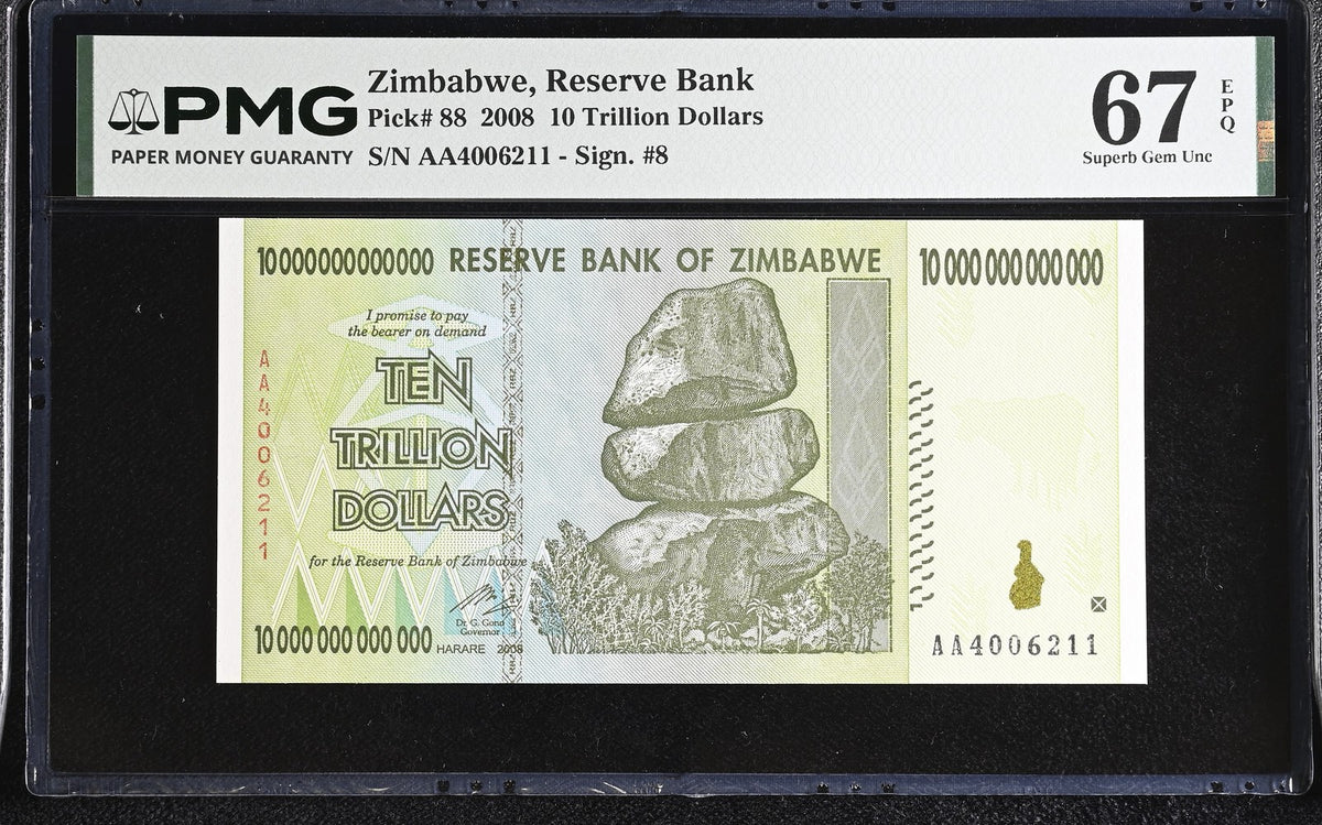 Zimbabwe 10 Trillion Dollars 2008 AA Prefix P 88 Superb Gem UNC PMG 67 EPQ