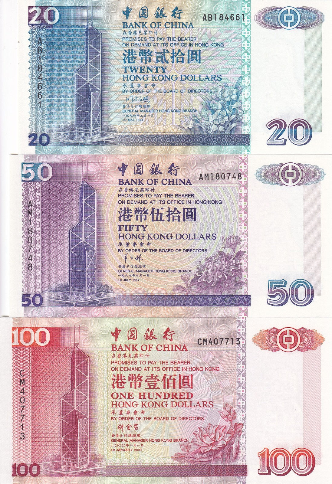Hong Kong Set 3 UNC 20 50 100 Dollars Random Years BOC P 329 330 331