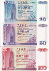 Hong Kong Set 3 UNC 20 50 100 Dollars Random Years BOC P 329 330 331