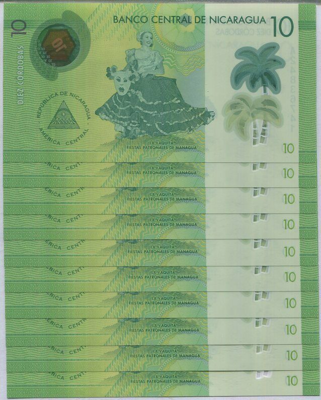 Nicaragua 10 Cordobas 2014 P 209 Polymer UNC LOT 10 PCS ,La Vaquita ,Managua