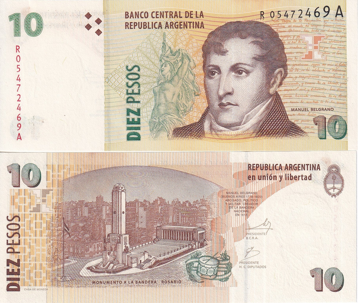 Argentina 10 Pesos 2003 P 354* Replacement R-A UNC, General Manuel Belgrano
