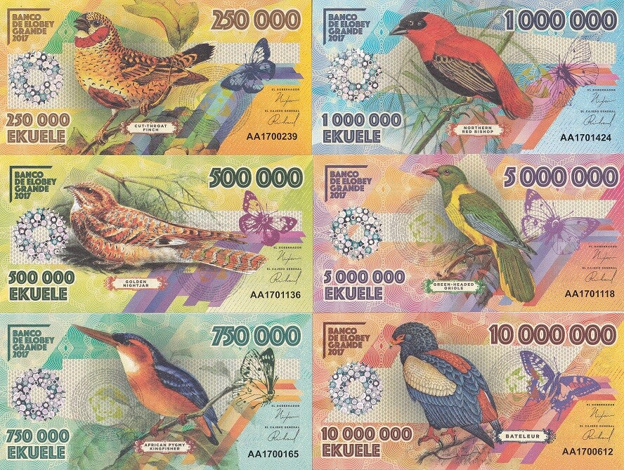 Elobey Grande Set 6 250 500 750K 1 5 10 Million Ekuele 2017 Bird Fantasy