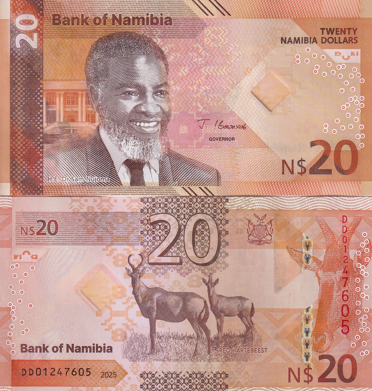 Namibia 20 Dollars 2025 P 21 NEW Design Hartebeest Hybrid UNC