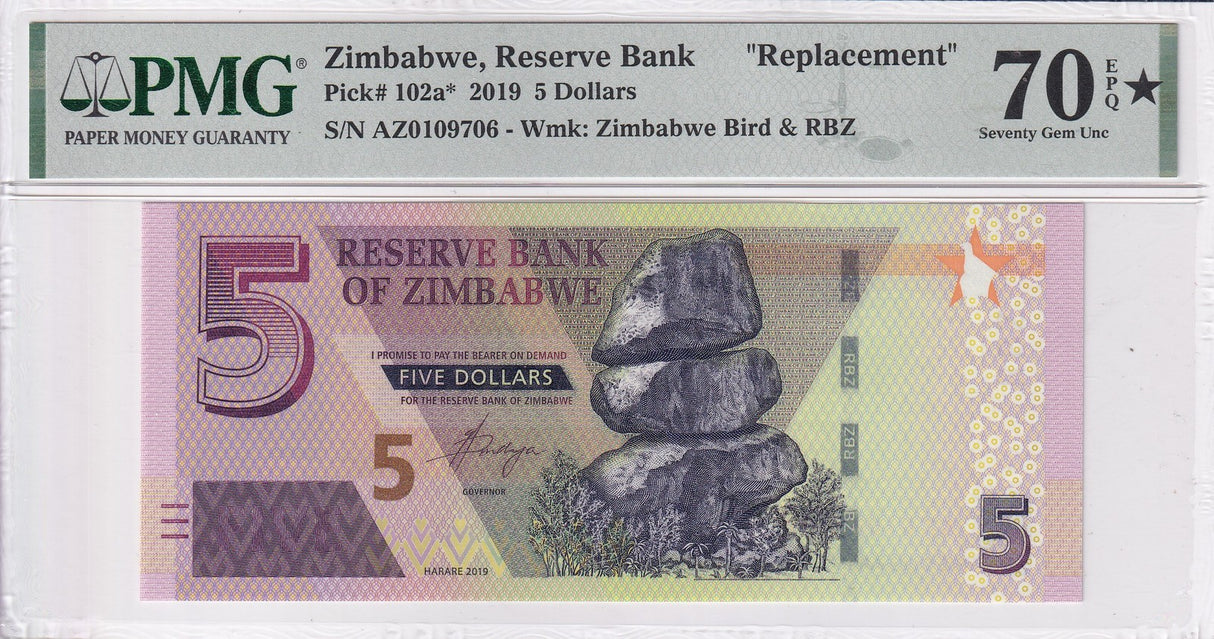 Zimbabwe 5 Dollars 2019 P 102 a* Replacement Superb Gem PMG 70 EPQ Extra Star