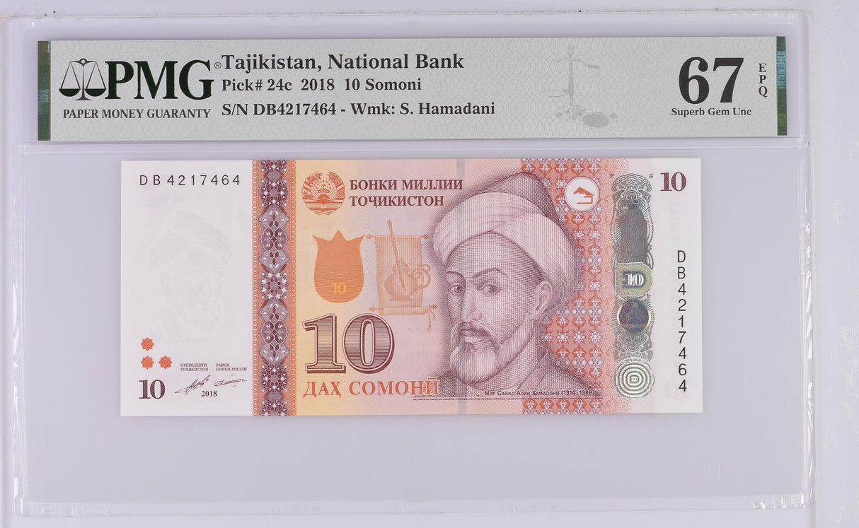 Tajikistan 10 Somoni 2018 P 24 c Superb Gem UNC PMG 67 EPQ