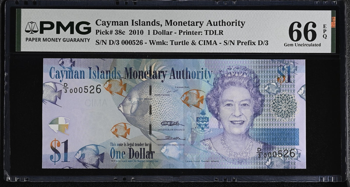 Cayman Islands 1 Dollars 2010 P 38 c Gem UNC PMG 66 EPQ , Printer TDLR