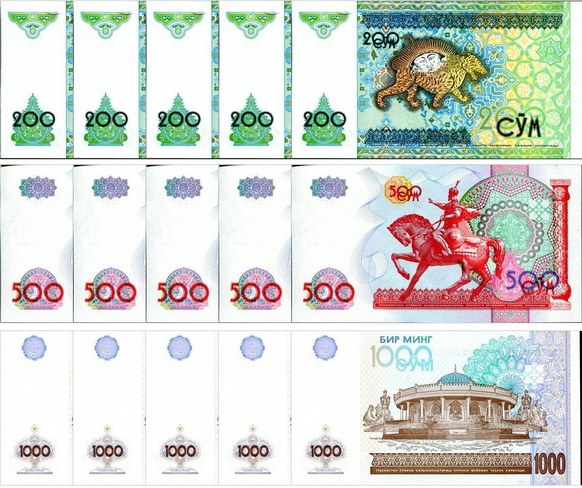 Uzbekistan Set 3 X 5 SETS = 15 UNC 200 500 1000 Som 1997 1999 2001 P 80 81 82