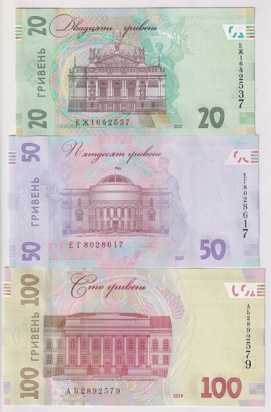 Ukraine Set 3 PCS 20 50 100 Hryven 2019-2021 P 126 A126 126b UNC