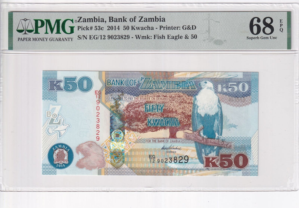 Zambia 50 Kwacha 2014 P 53 c Superb Gem UNC PMG 68 EPQ