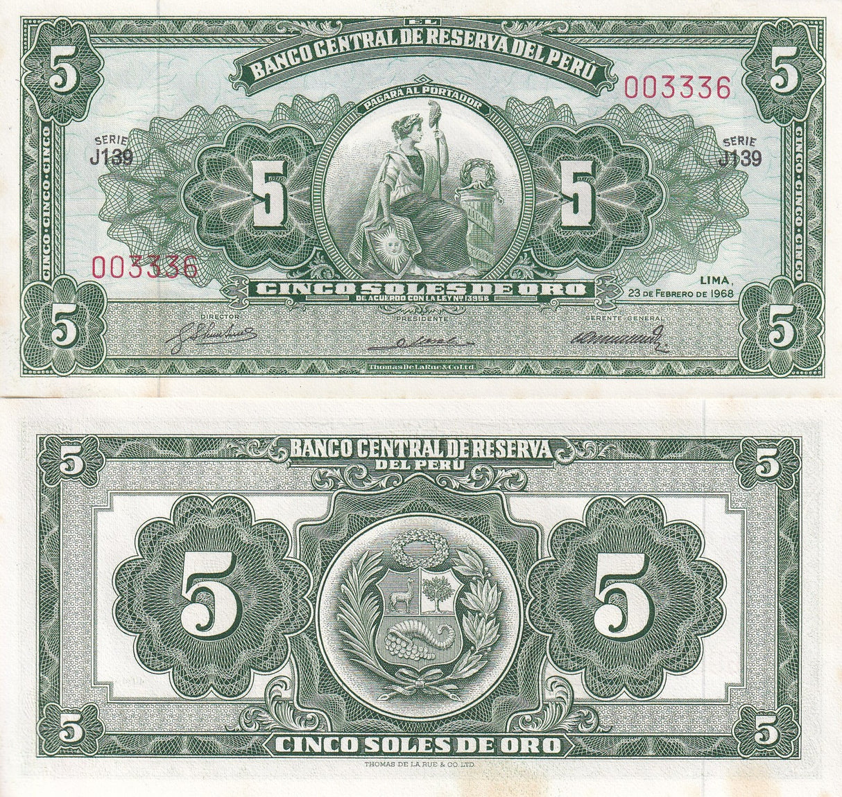 Peru 5 Soles De Oro 1968 P 83 UNC Yellow Tone