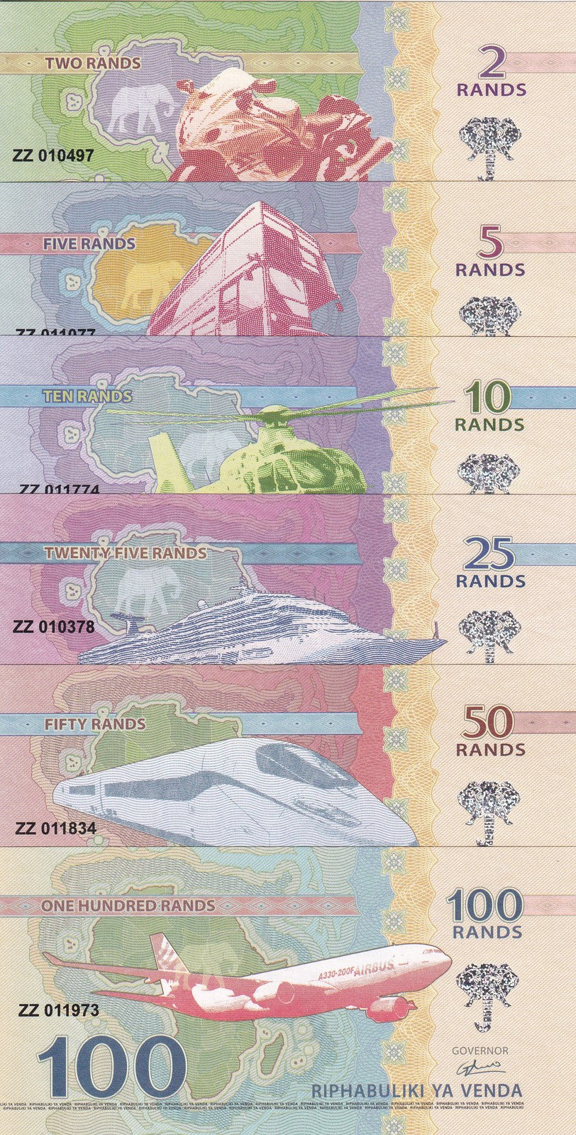 Venda Set 6 , 2 5 10 25 50 100 Rands 2015 Fantasy Truck helicopter Bullet Train