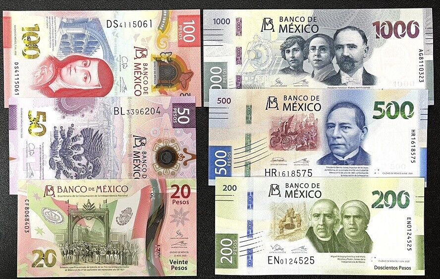 Mexico Set 6 UNC 20 50 100 200 500 1000 Pesos 2019-2023 P 131 132 133-137