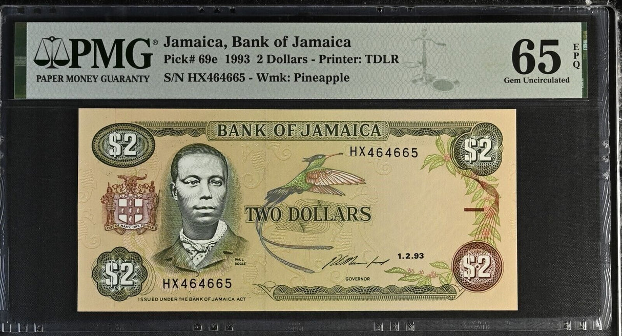 Jamaica 2 Dollars 1993 P 69 e Gem UNC PMG 65 EPQ