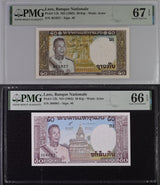 Laos Set 2; 20 50 KIP ND 1963 P 11 b P 12 b Superb Gem UNC PMG 66 67 EPQ