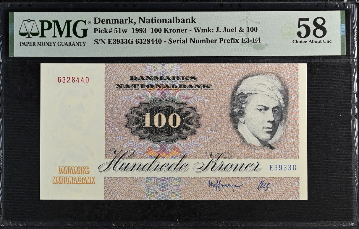 Denmark 100 Kroner 1993 P 51 w Choice About UNC PMG 58 , Graded Note