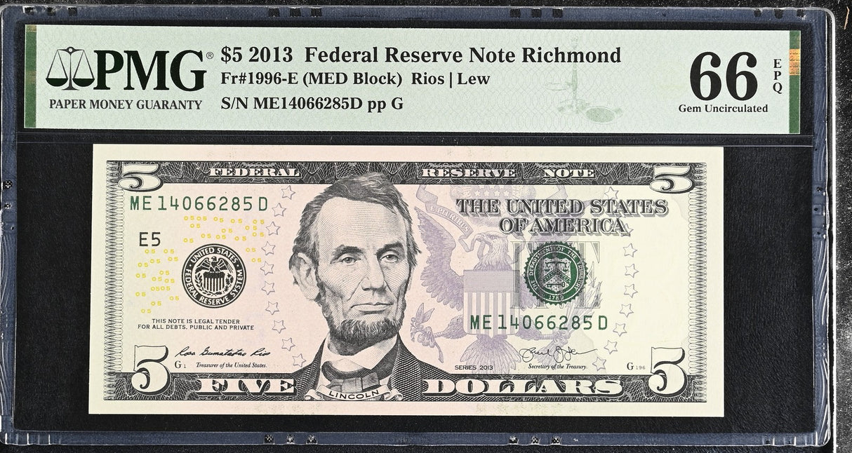 United States 5 Dollars Usa 2013 P 539 E Richmond Gem UNC PMG 66 EPQ