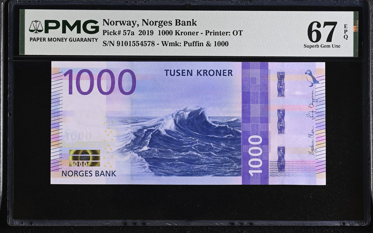 Norway 1000 Kroner 2019 P 57 a Superb Gem UNC PMG 67 EPQ , Wave ,Printer OT