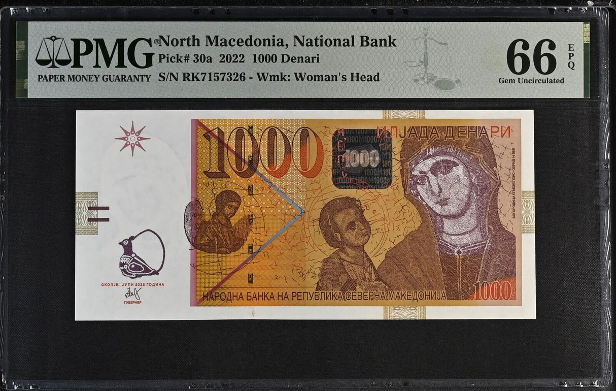 North Macedonia 1000 Denari 2022 P 30 a Gem UNC PMG 66 EPQ