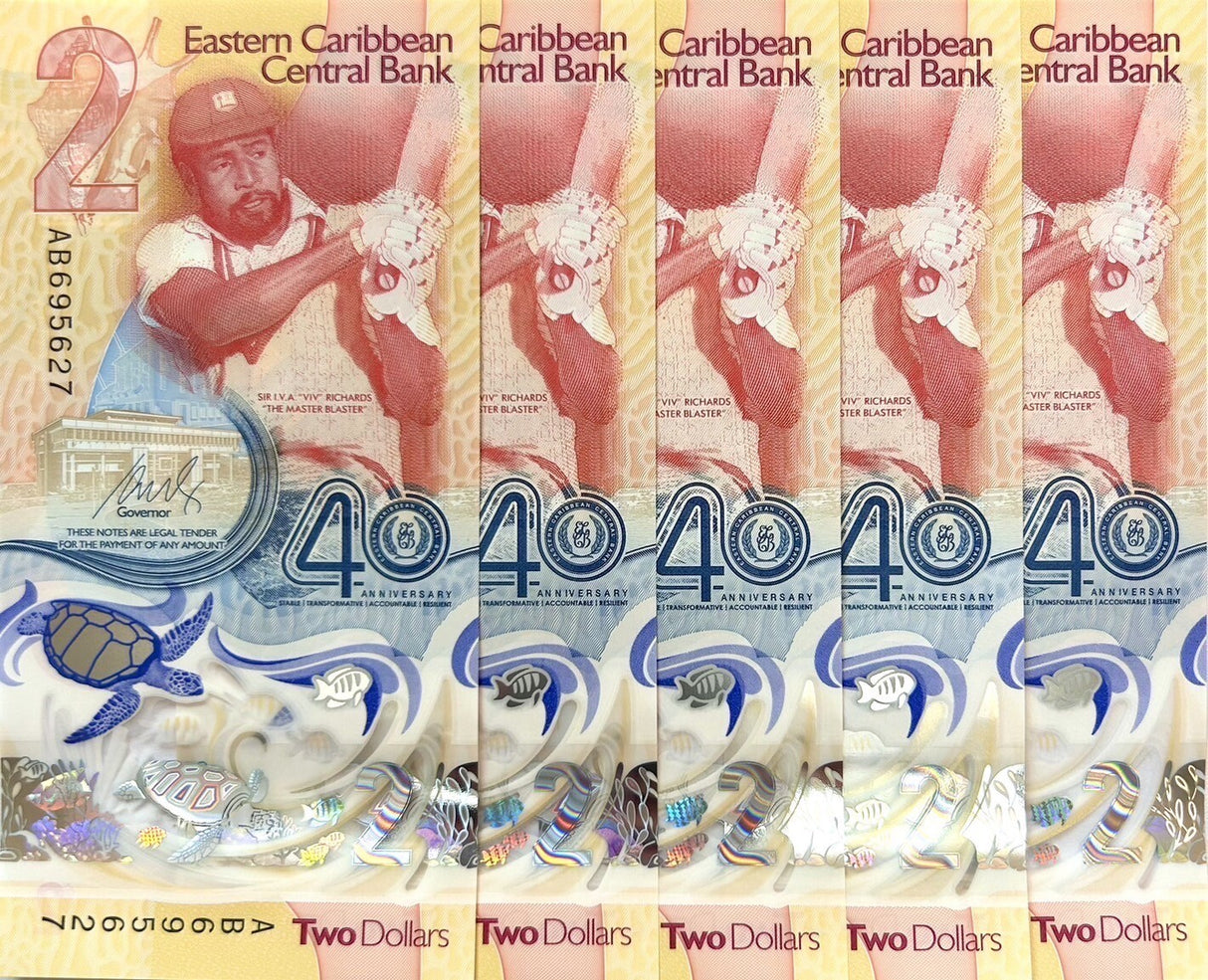 East Caribbean 2 Dollars 2023 2024 40th P 61 Polymer UNC LOT 5 Pcs