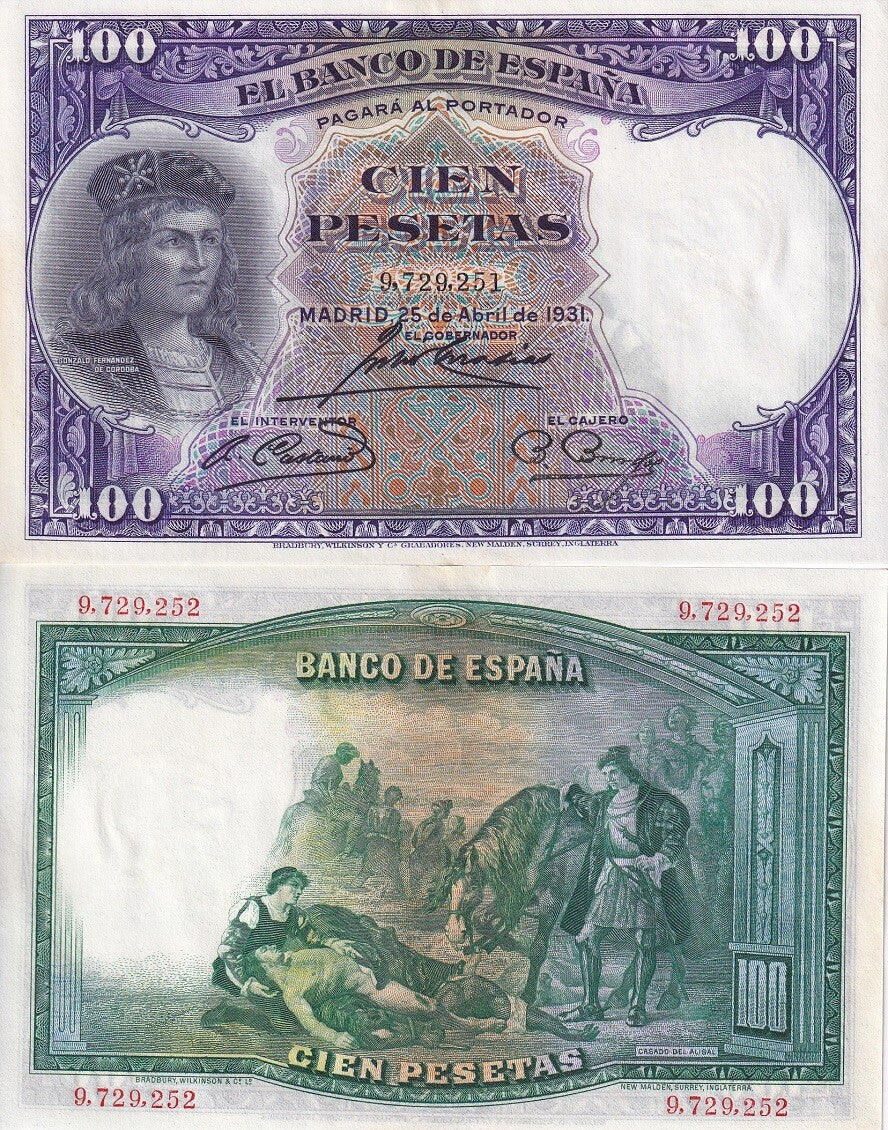 Spain 100 Peseta 1931 P 83 AUnc Little Tone ,Painting by Casado del Alisal, AU