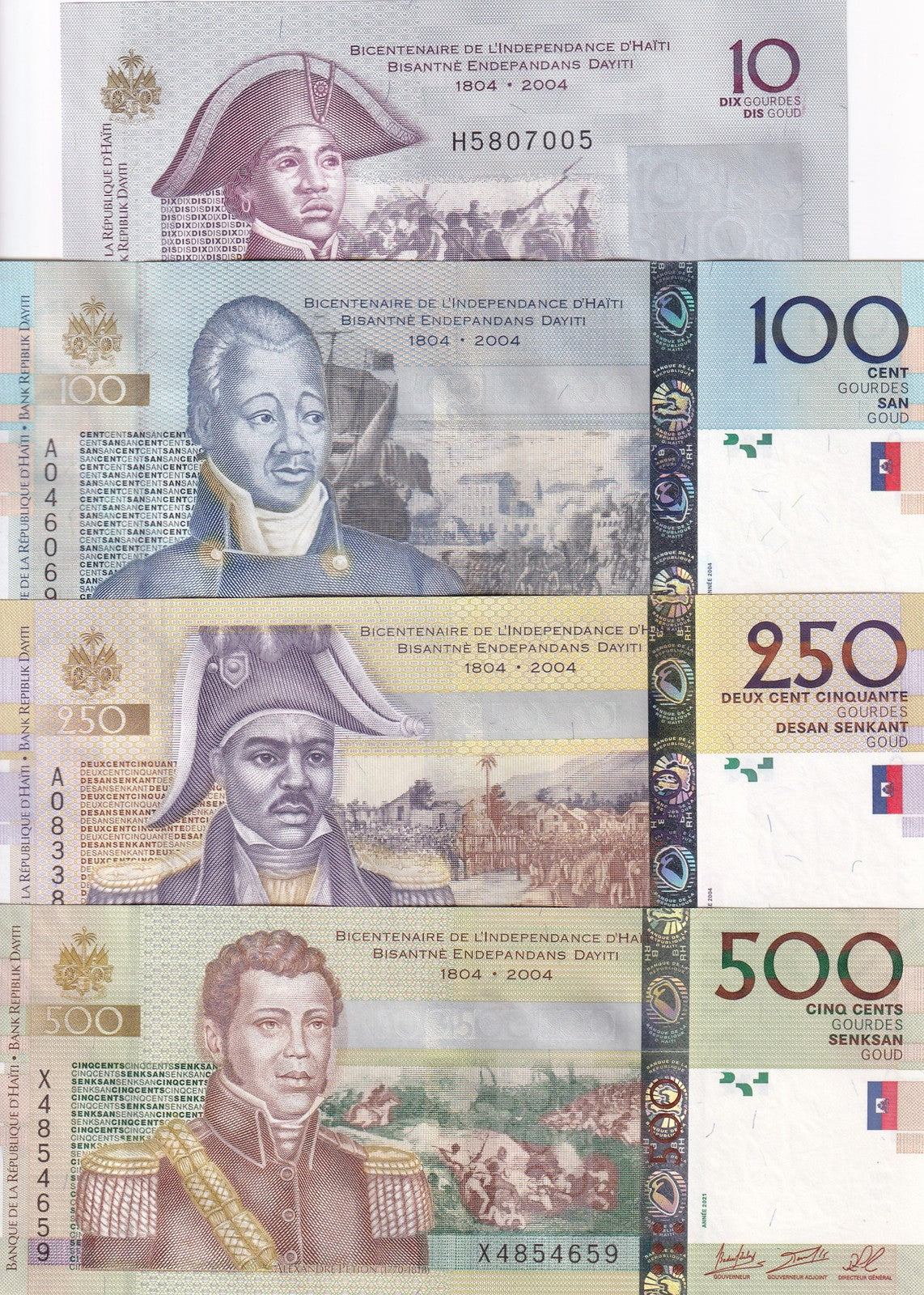 Haiti Set 4 UNC 10 100 250 500 Gourde 2004 2010 2021 P 272 275 276 277
