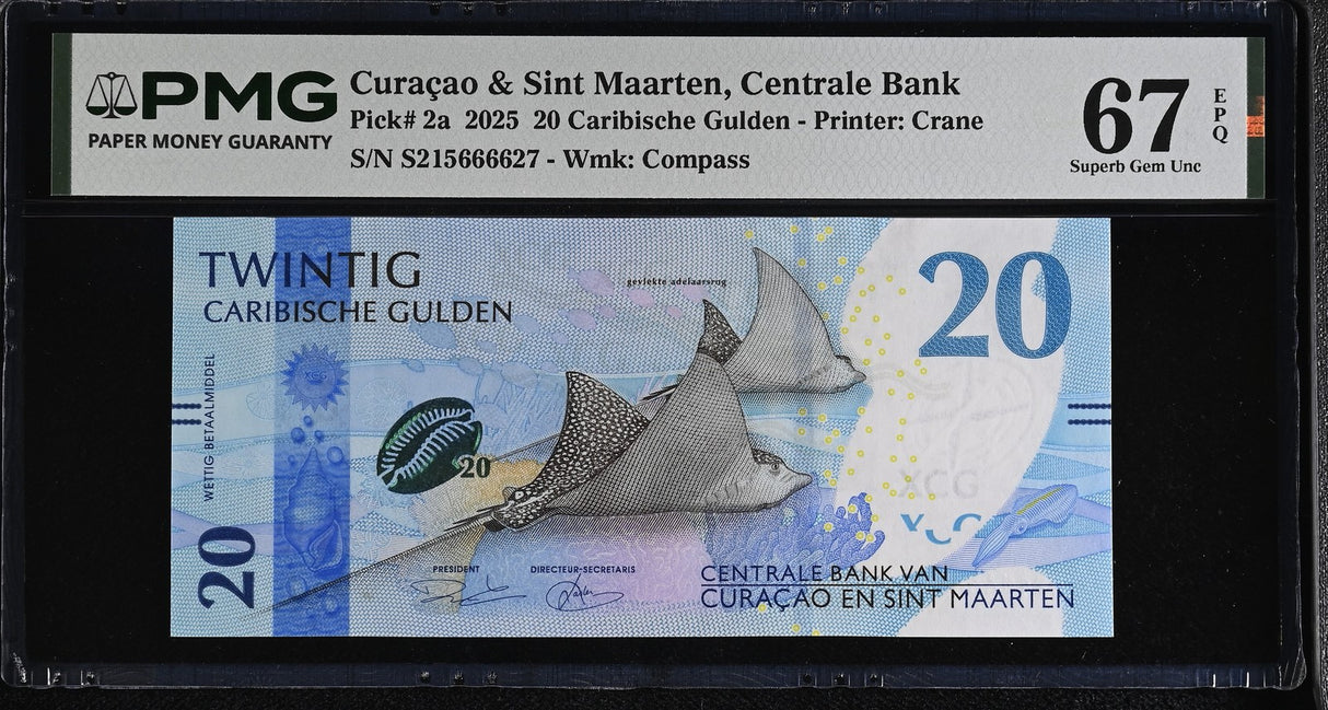 Curacao & Sint Maarten 20 Gulden 2025 P 2 a Superb Gem UNC PMG 67 EPQ