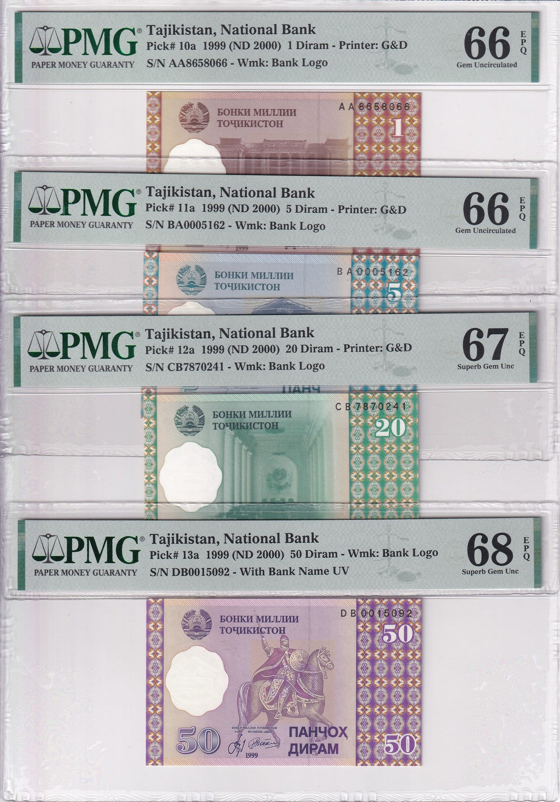 Tajikistan Set 4 ; 1 5 20 50 Diram 1999 P 10- 13 Superb Gem UNC PMG 66 67 68 EPQ
