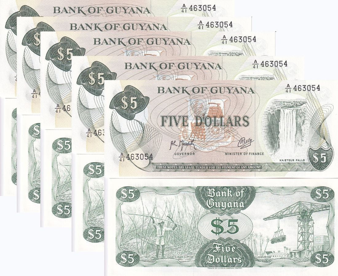 Guyana 5 Dollars 1992 P 22 f UNC LOT 5 PCS