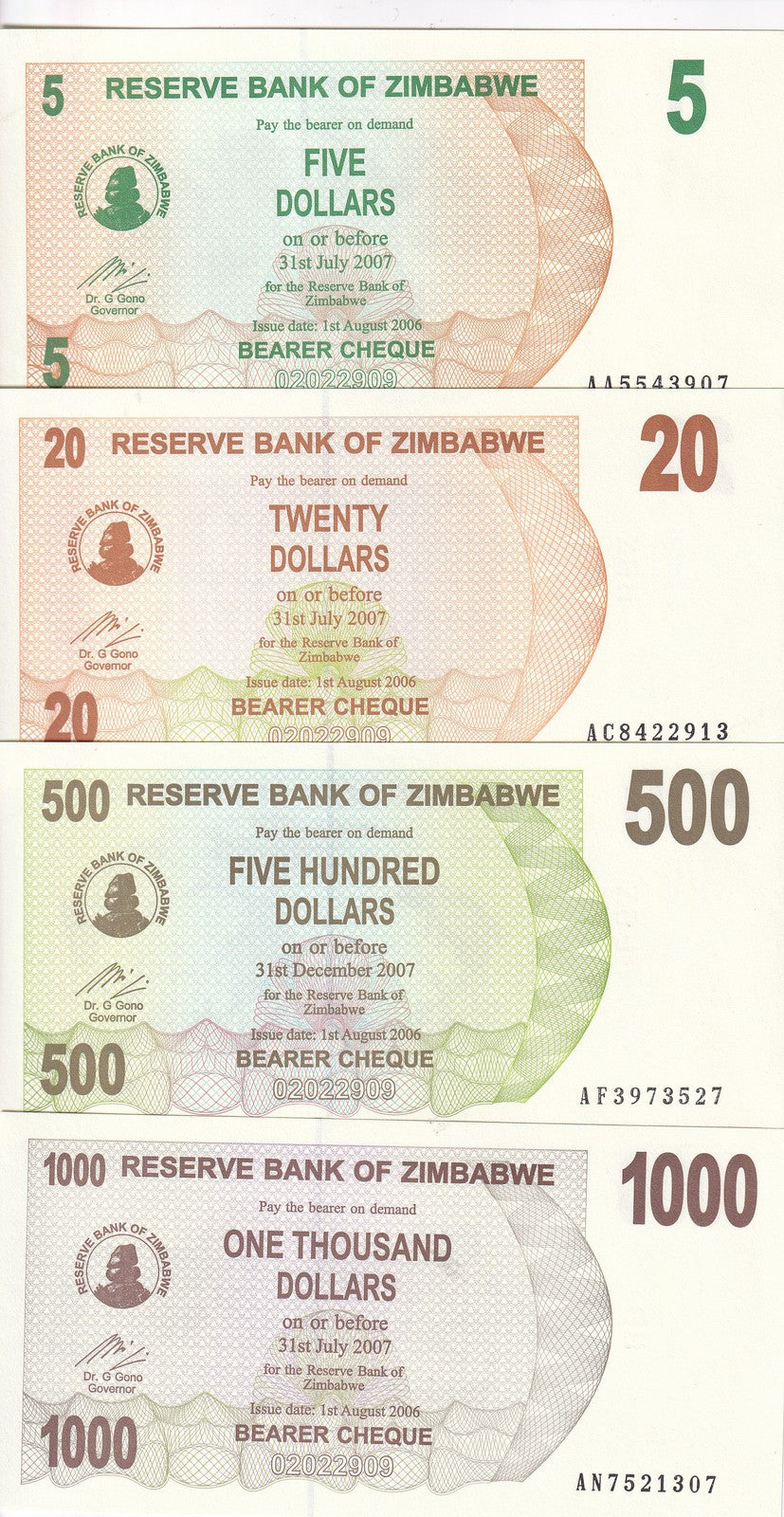 Zimbabwe SET 4 UNC 5 20 500 1000 Dollars 2006 P 38 40 43 44 Bearer Cheque