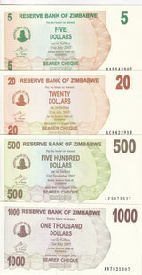 Zimbabwe SET 4 UNC 5 20 500 1000 Dollars 2006 P 38 40 43 44 Bearer Cheque