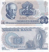 Norway 10 Kroner 1974 P 36 b UNC , Fisherman, cargo ship ,Fridtjof Nansen