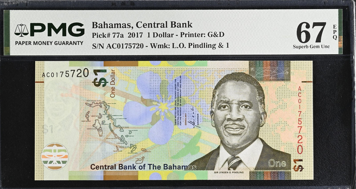 Bahamas 1 Dollar 2017 P 77 a Superb Gem UNC PMG 67 EPQ
