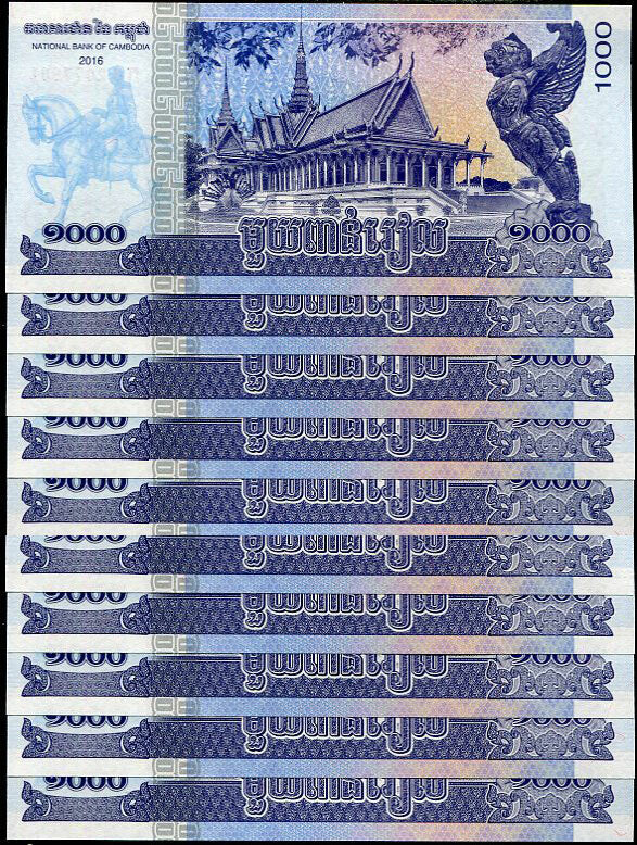 Cambodia 1000 Riels 2016 P 67 Commemorative UNC Lot 10 Pcs 1/10 BUNDLE