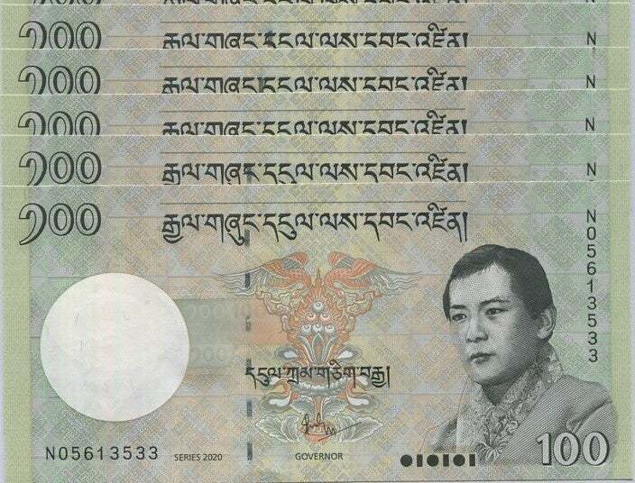 Bhutan 100 Ngultrum 2020 P 32 New Date & Sign UNC LOT 5 PCS