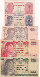 Indonesia Set 5 PCS 1 2 1/2 10 100 500 Rupiah 1968 P 102 103 105 108 109 UNC