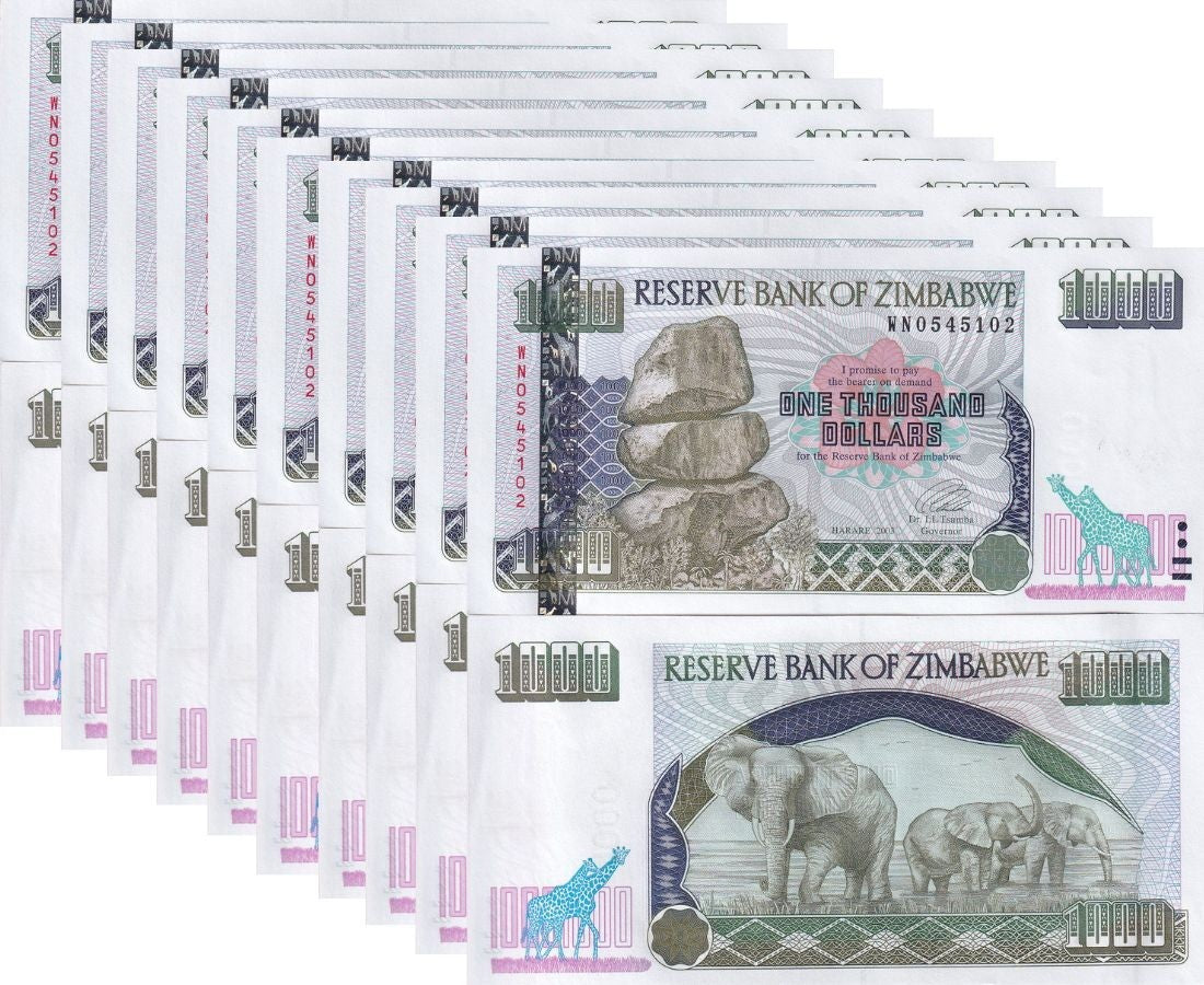 Zimbabwe 1000 Dollars 2003 P 12 b Small Digits UNC LOT 10 PCS